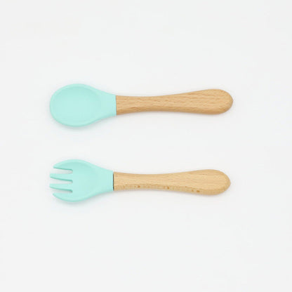 Baby Food Grade Wooden Handles Silicone Spoon Fork Cutlery